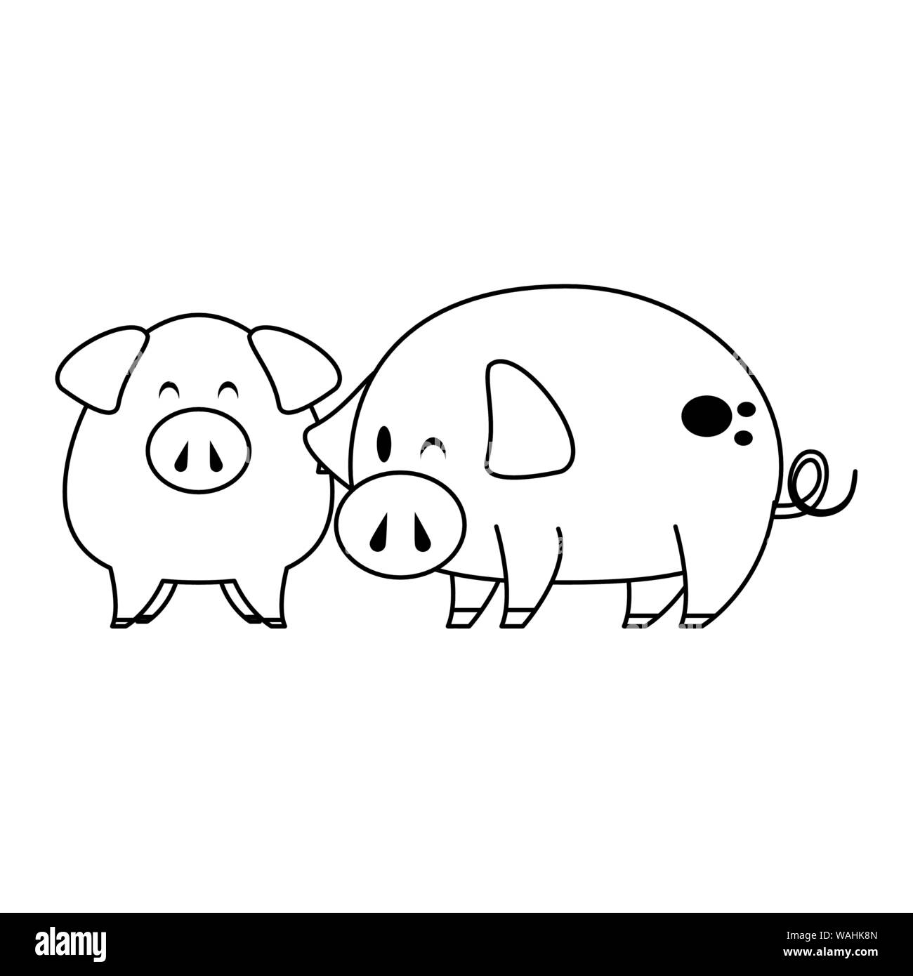 Cute Animals Pigs Farm Cartoon In Black And White Stock Vector Art