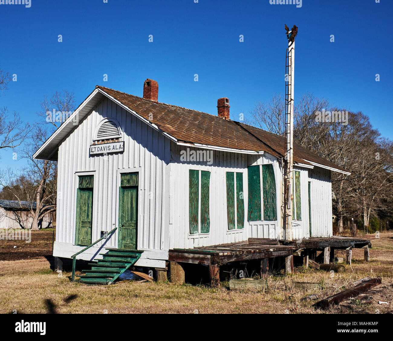 Abandoned railroad, train, freight depot in rural Fort Davis, Alabama
