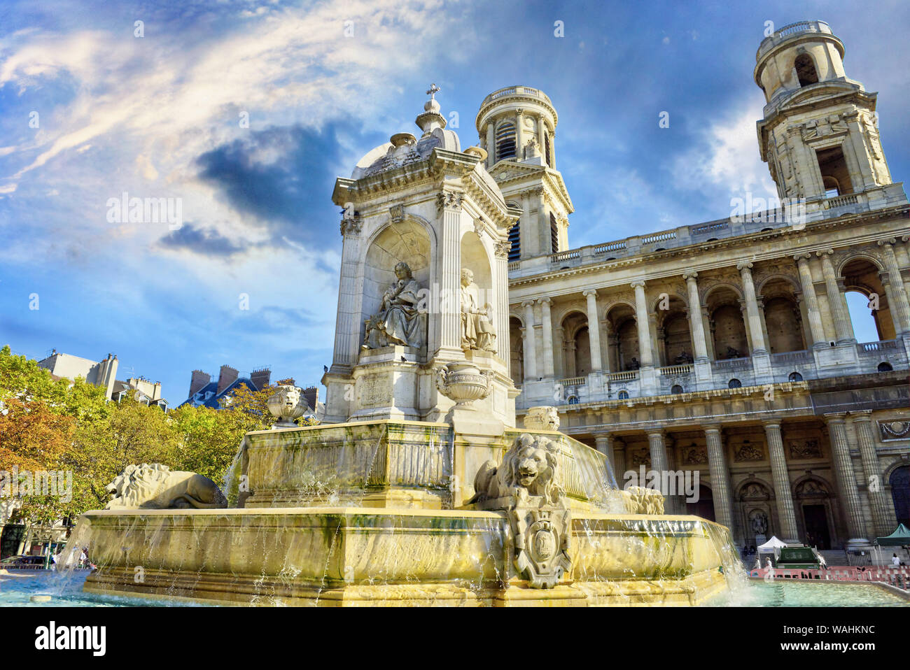 Fountain in front of the church of Saint-Sulpice. Paris. France Stock Photo