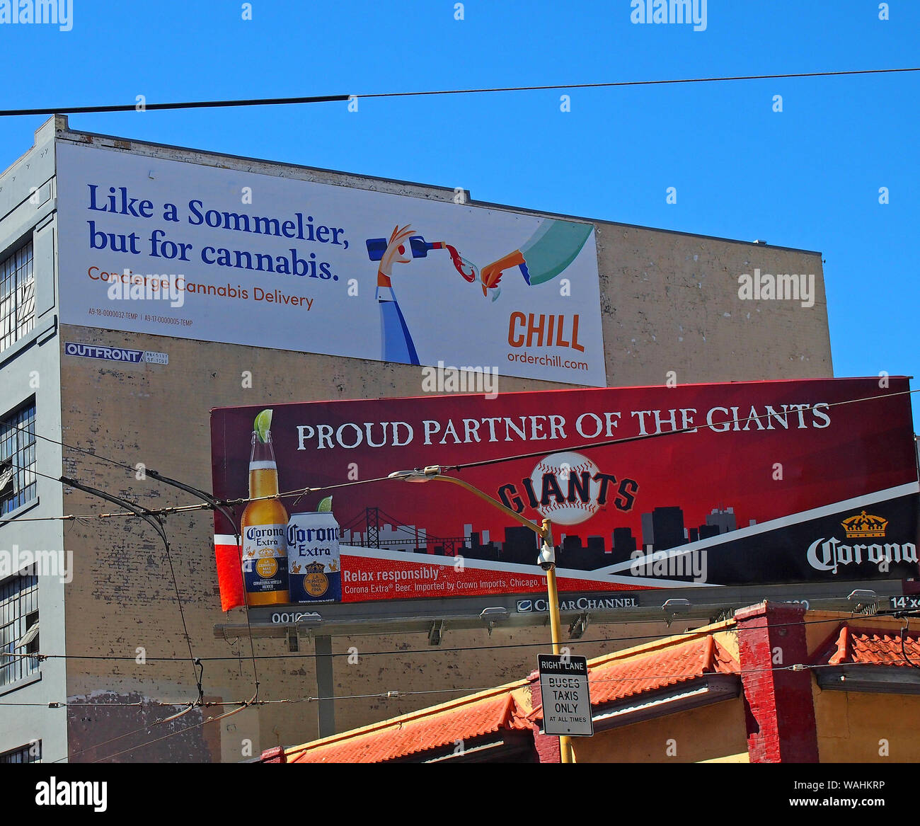 Billboards for cannabis delivery and beer in San Francisco, California Stock Photo