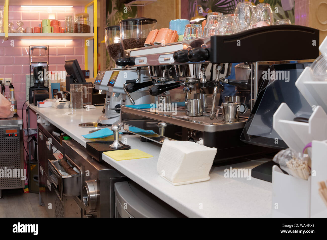 Coffee shop equipment espresso machine, cups, grinders Stock Photo