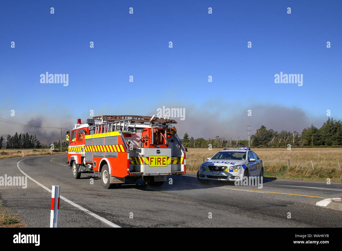 Coalgate, Canterbury, New Zealand, March 10 2016: First responders attend to a fire that is getting out of control on a rural farm Stock Photo