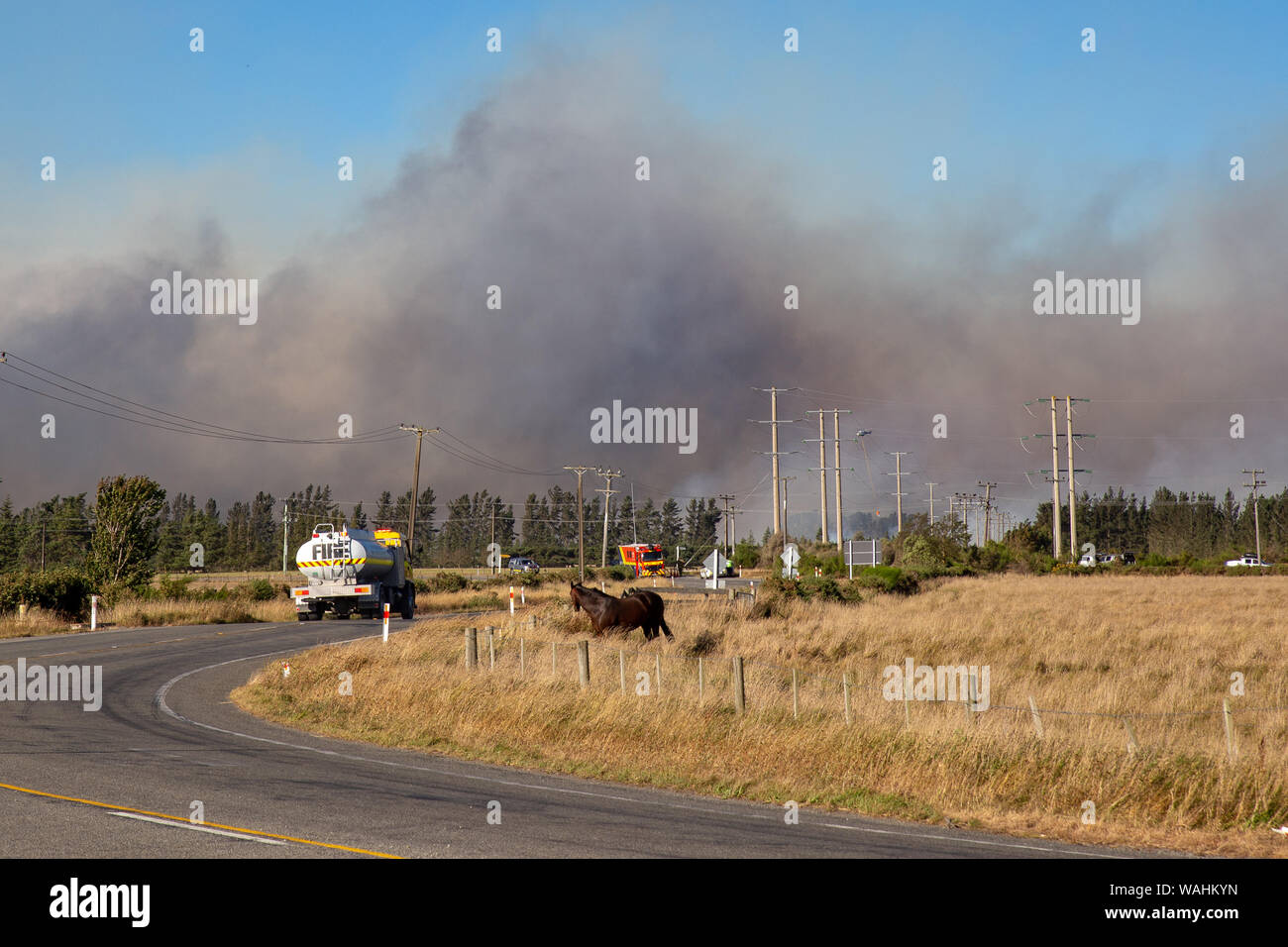 Coalgate, Canterbury, New Zealand, March 10 2016: First responders attend to a fire that is getting out of control on a rural farm Stock Photo