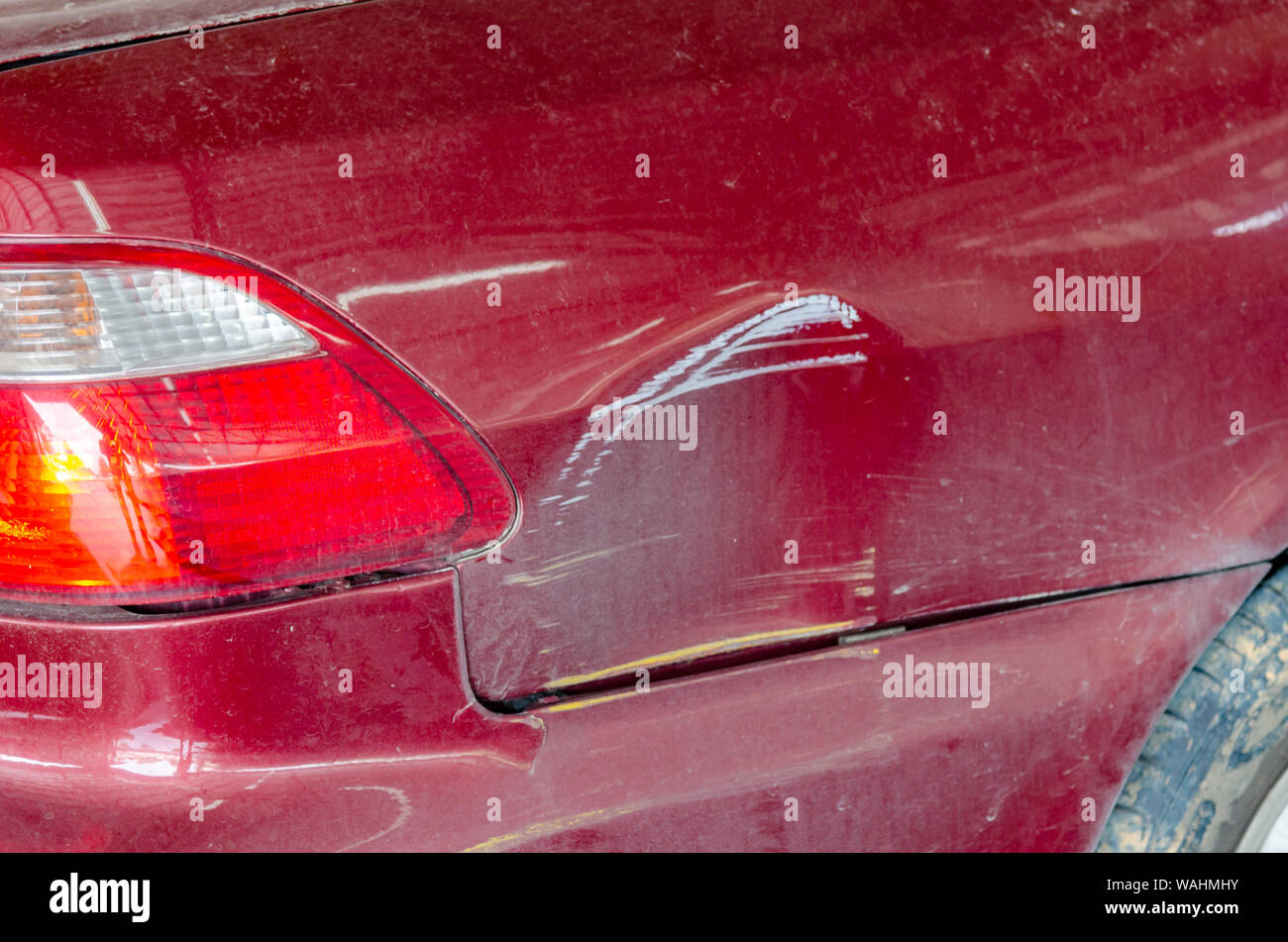 Rear bumper and tail lights red car accident. Stock Photo
