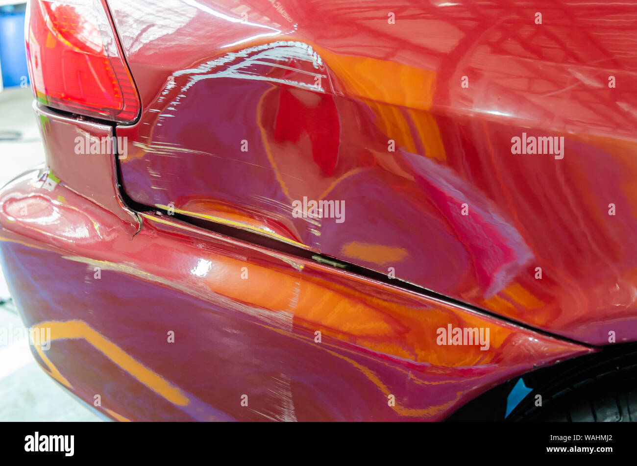 Rear bumper and tail lights red car accident. Stock Photo