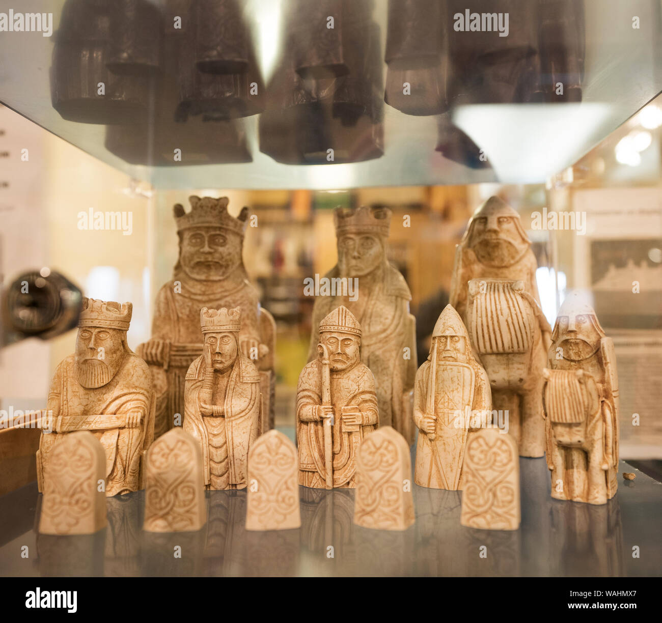 Replica chess pieces in the community museum at Uig based on famous Lewis Chessmen set carved from walrus ivory that drifted from a shipwreck at sea Stock Photo