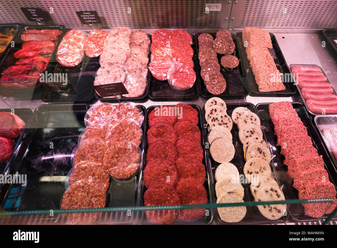 Slices of Blood pudding, or black pudding, displayed for sale inside a shop in Stornoway, Isle of Lewis, Scotland, UK, Europe Stock Photo