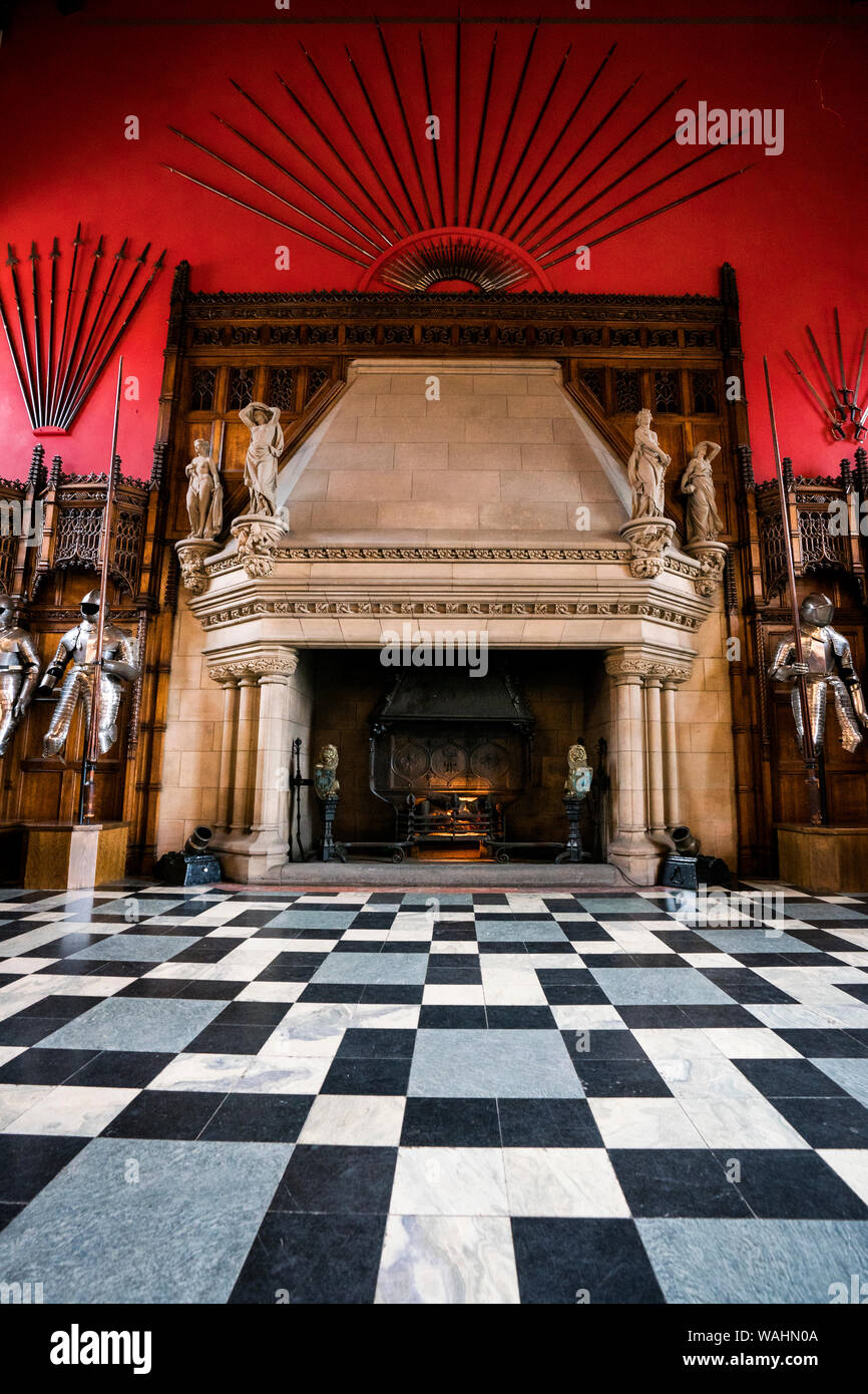 Black and white tiled floor in front of the fireplace in the Great Room of the Edinburgh Castle, Old Town, Edinburgh, Scotland, UK Stock Photo
