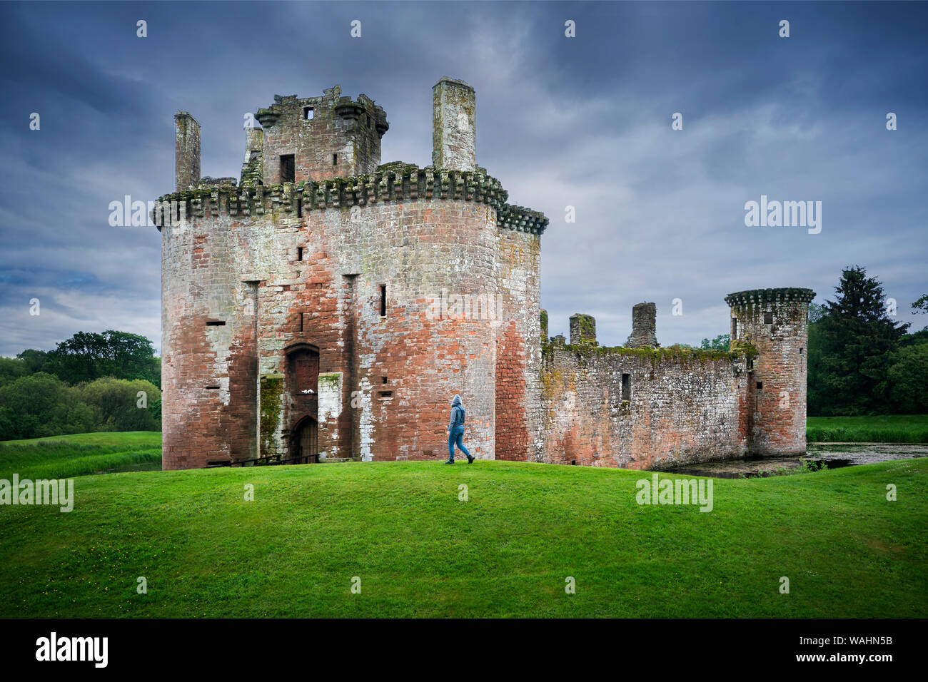 Caerlaverock Castle, grand moated triangular fortified castle built in the 13th century in southern Scotland, and abandoned in the 17th c Stock Photo