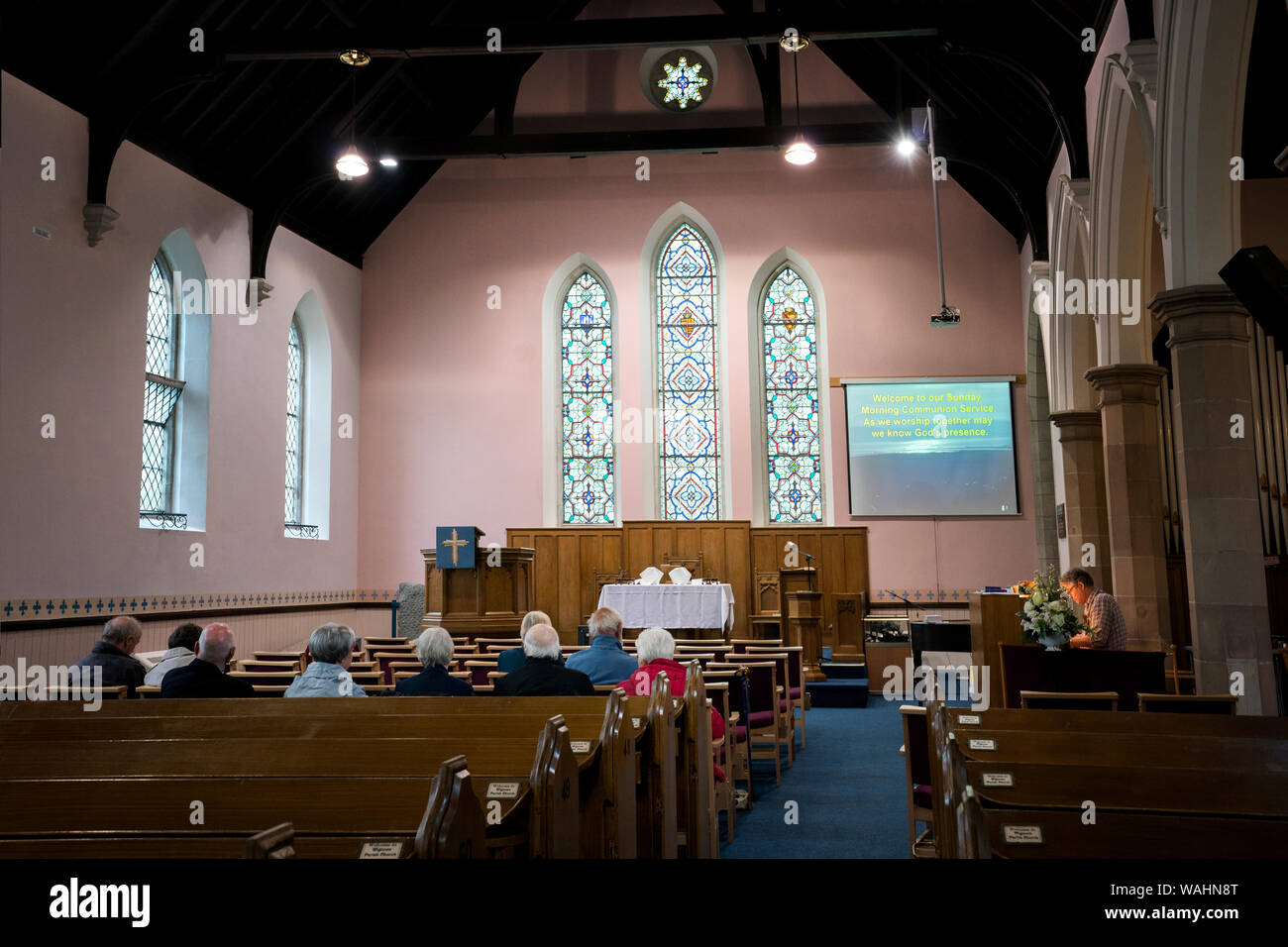 Congregation attending Sunday services inside Wigtown Parish Church, Wigtown, Dumfries & Galloway, Scotland, UK, Europe Stock Photo
