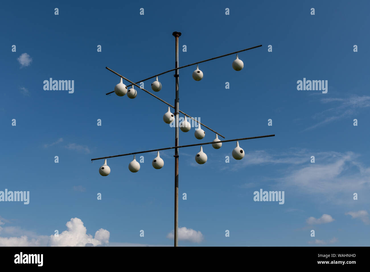 A purple martin gourd rack in front of a blue sky. Stock Photo