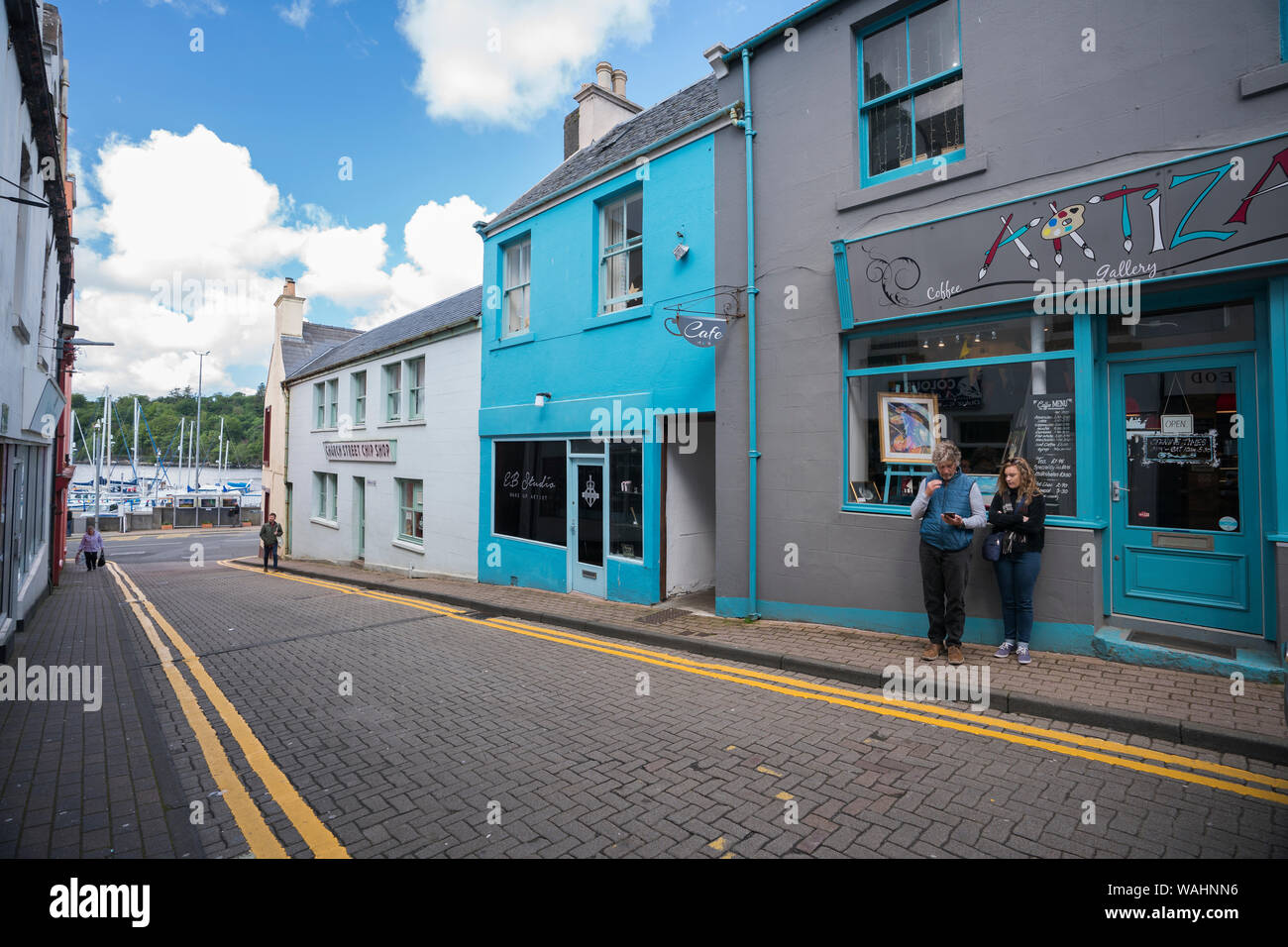 Street scene with shops and cafes in the main tourist area of Stornoway, the only city on the Isle of Lewis, Scotland, Outer Hebrides, UK Stock Photo