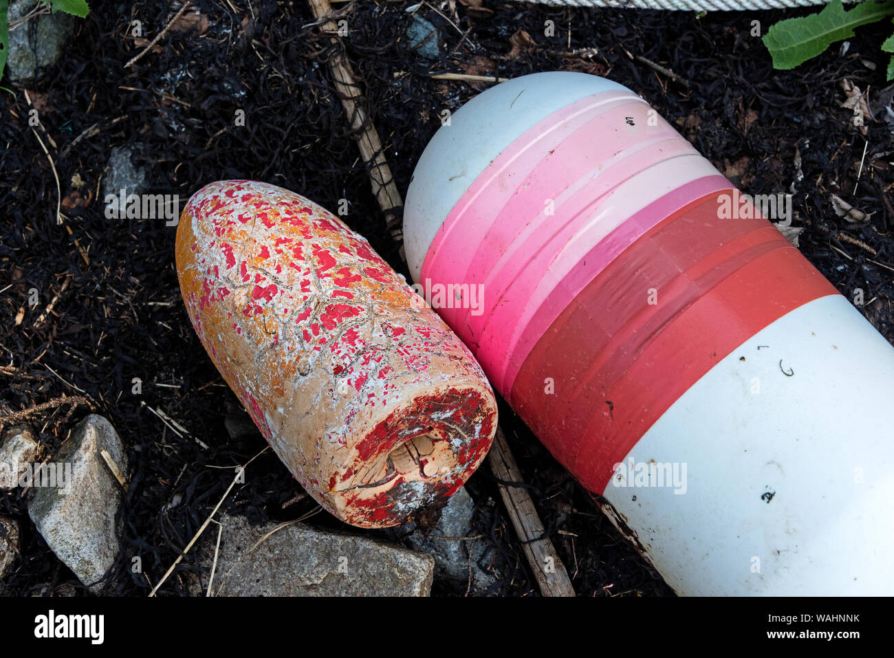 Lobster buoys washed up in Deep Cove, isle au Haut, Maine Stock Photo