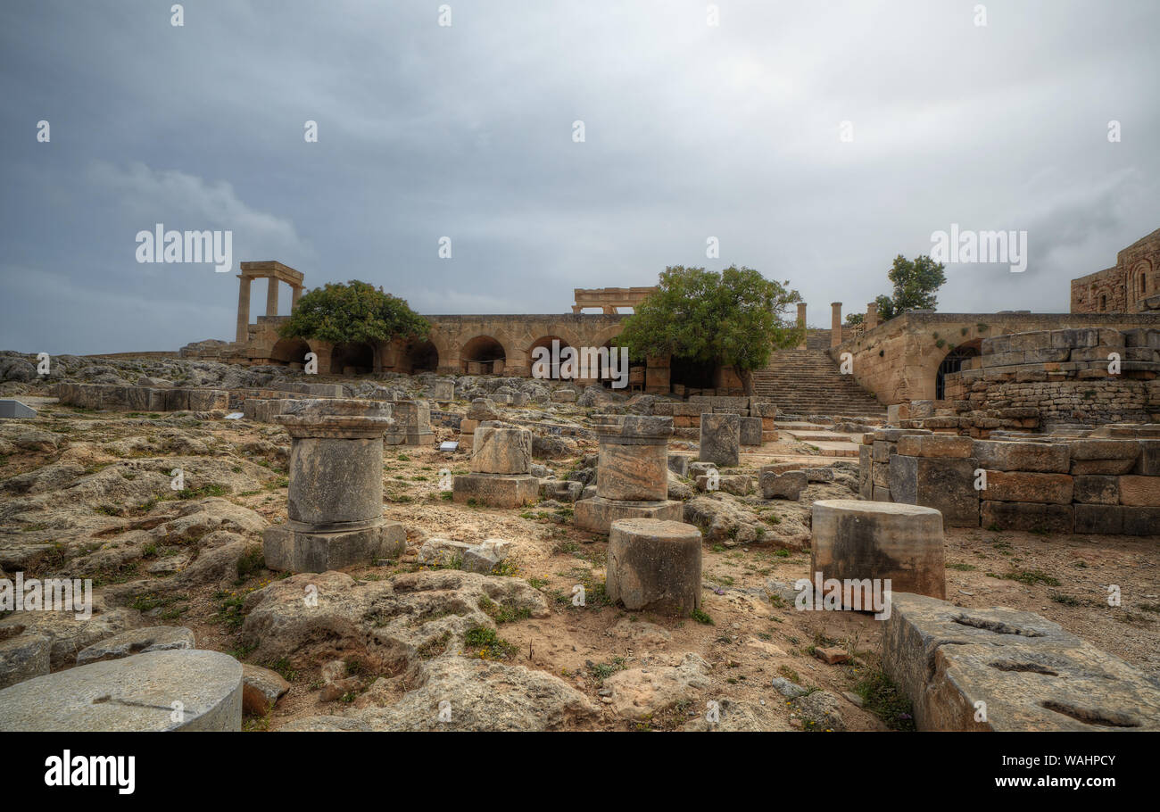 Ancient Acropolis in the city of Lindos on island Rhodes. Greece Stock Photo