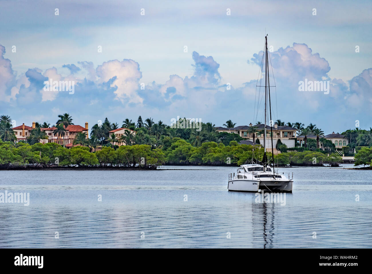 White catamaran sailboat anchored in the Lake Worth Lagoon off of Palm Beach, Florida. (USA) Stock Photo