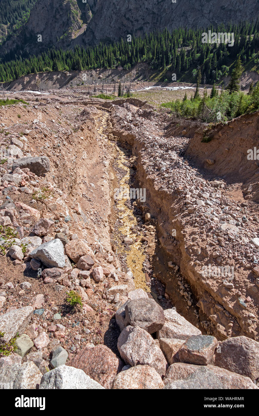 Riverbed after mudflow in the mountains; natural disasters concept