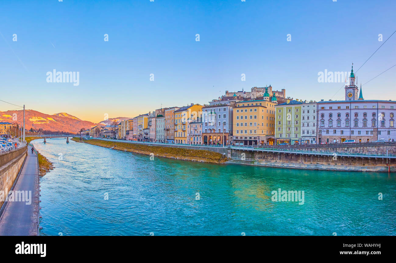 Panorama of medieval edifices of Altstadt district located on the Rudolfskai embankment of Salzach river in Salzburg, Austria Stock Photo