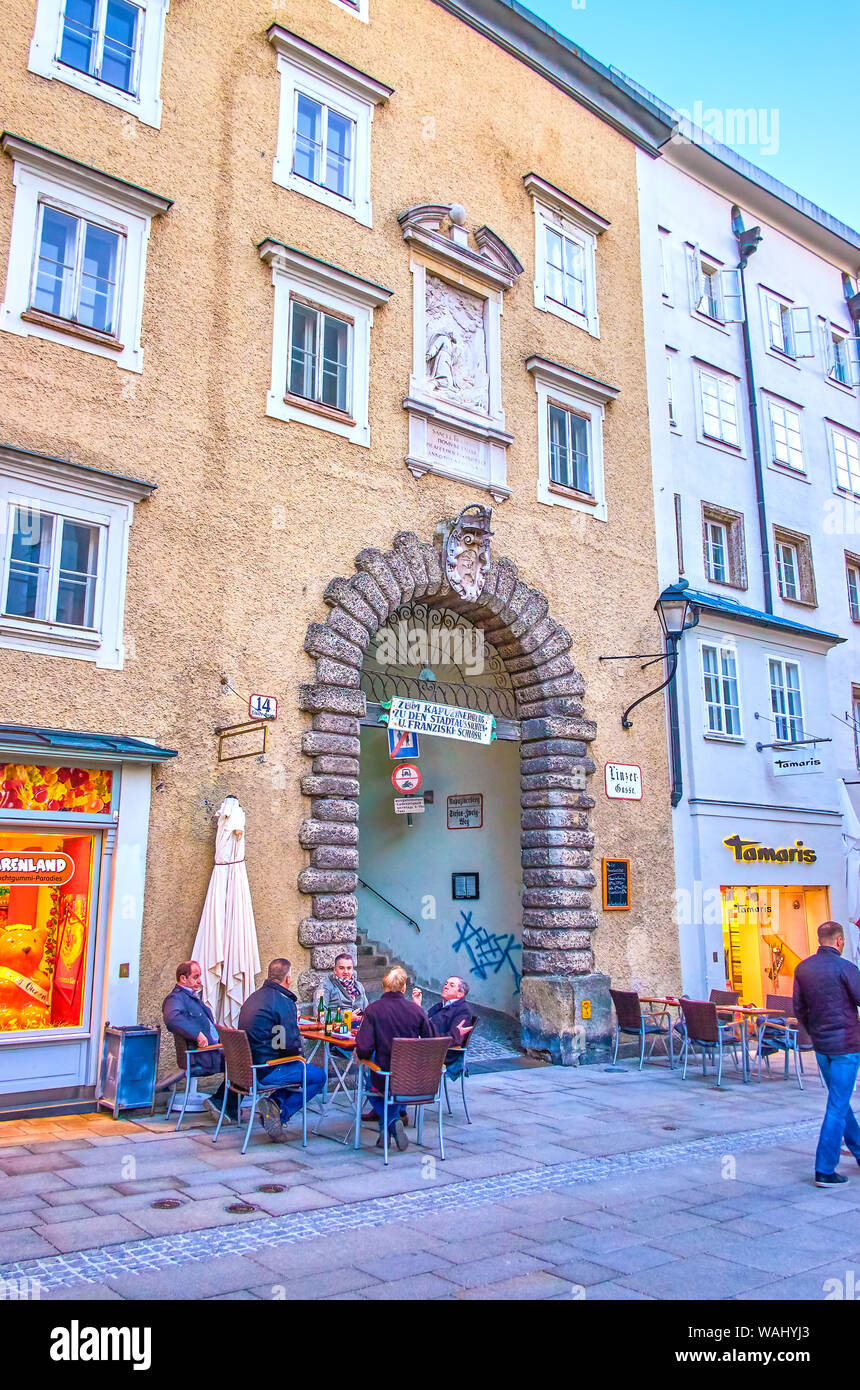 SALZBURG, AUSTRIA - FEBRUARY 27, 2019: Franziskustor is a large arched  passage to the Kapuzinerberg hill located if the facade of medieval edifice  in Stock Photo - Alamy