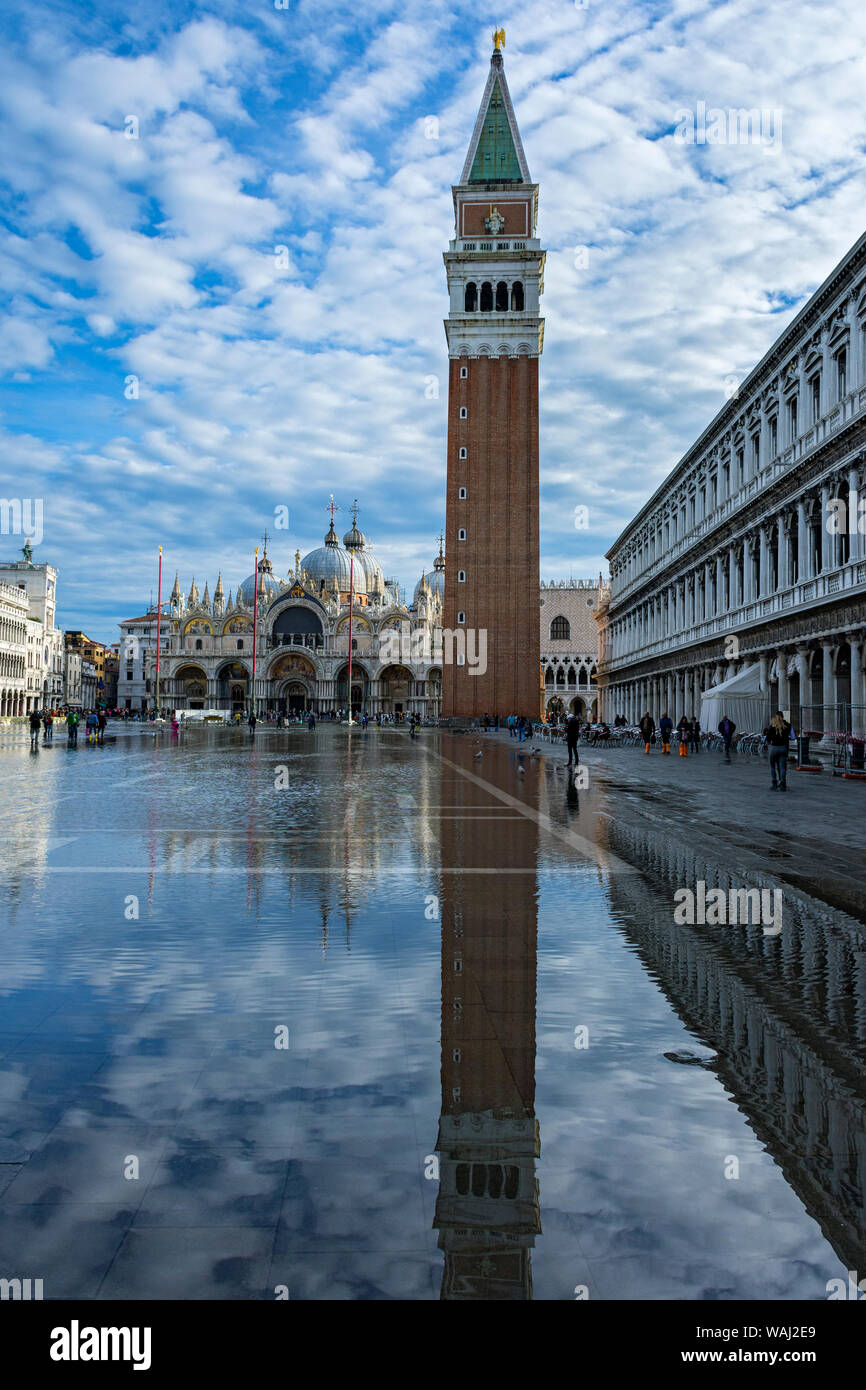 The Campanile and the Basilica di San Marco (St Mark's Basilica), during an Acqua alta (high water) event, Saint Mark's Square, Venice, Italy Stock Photo