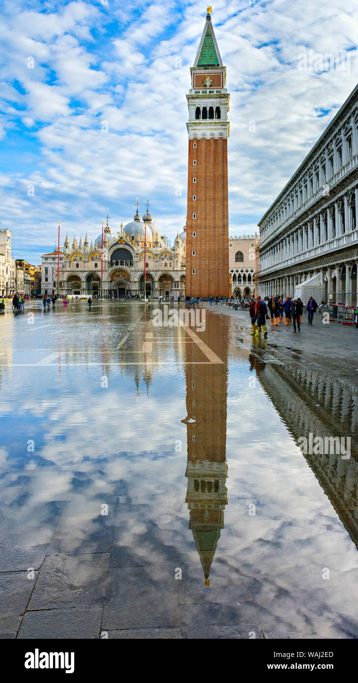 The Campanile and the Basilica di San Marco (St Mark's Basilica), during an Acqua alta (high water) event, Saint Mark's Square, Venice, Italy Stock Photo