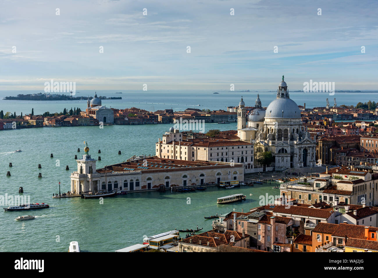 View towards Giudecca island over the Punta della Dogana, from the Campanile di San Marco (bell tower), Saint Mark's Square, Venice, Italy Stock Photo