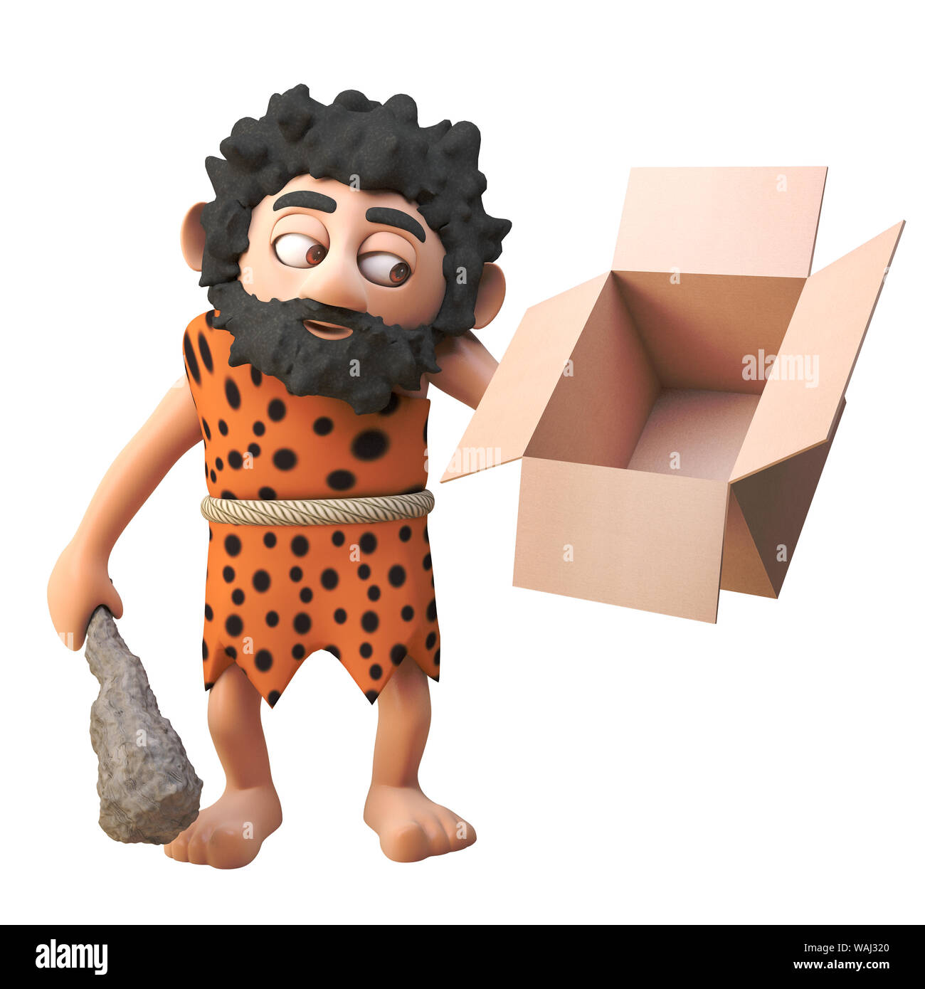 3d cartoon prehistoric caveman character holding an empty cardboard box ...