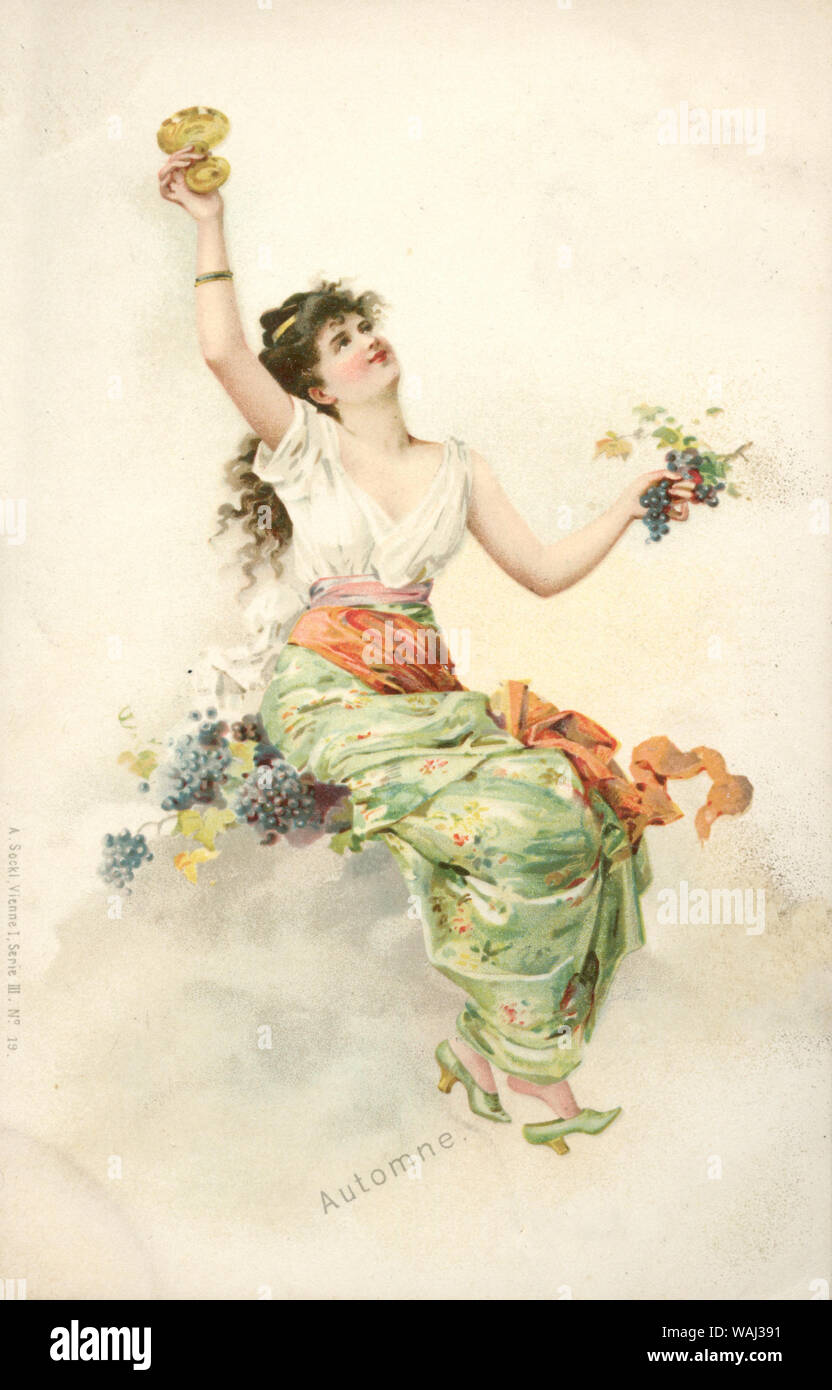 Woman with a glass of wine and grapes, allegory of autumn , A Sockl (postcard, ) Stock Photo