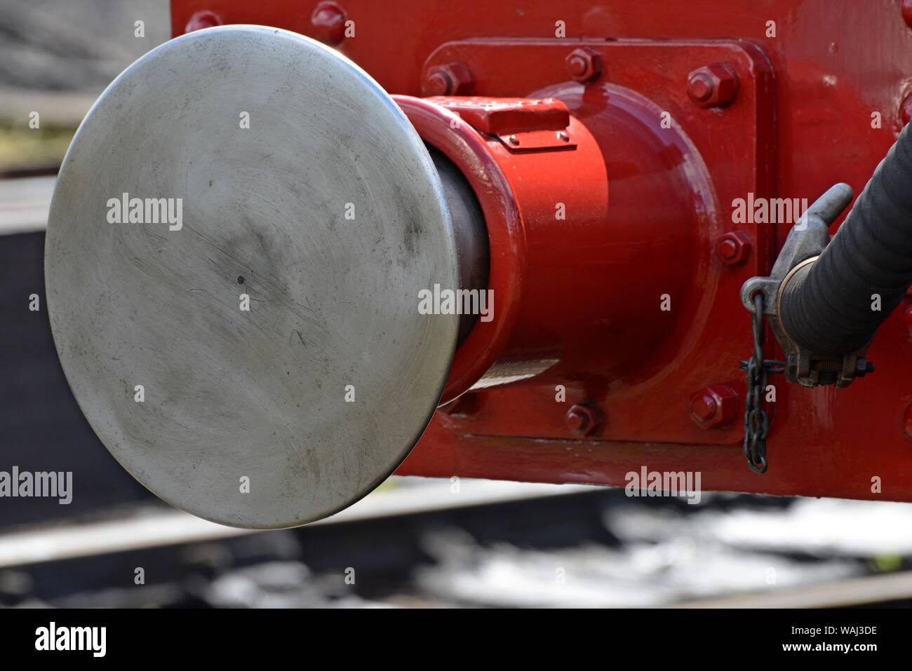 A close up of the front buffer of Great Western steam locomotive 7029 Clun Castle at Tysleley railway depot, Birmingham Stock Photo