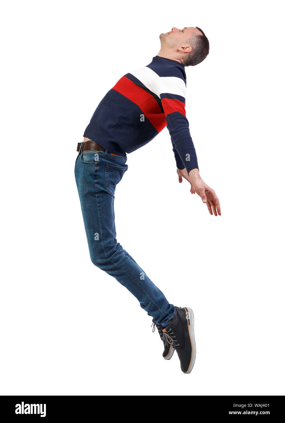 Side view of man in zero gravity or a fall. guy is flying, falling or ...