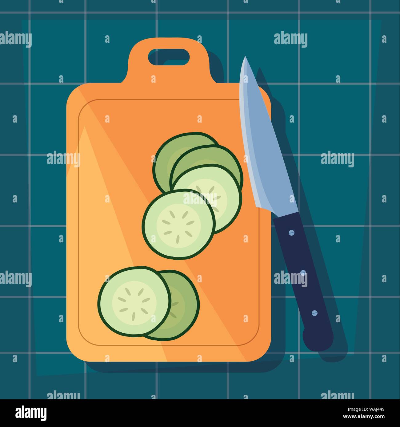 cucumber cutting board knife preparation cooking vector illustration Stock Vector