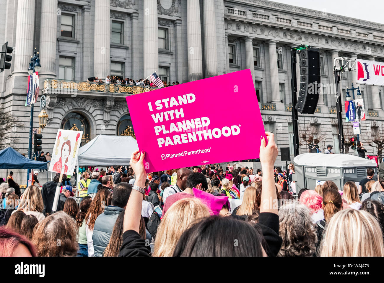 January 19, 2019 San Francisco / CA / USA - Participant to the Women's March event holds 'I stand with Planned Parenthood' sign at the rally in front Stock Photo