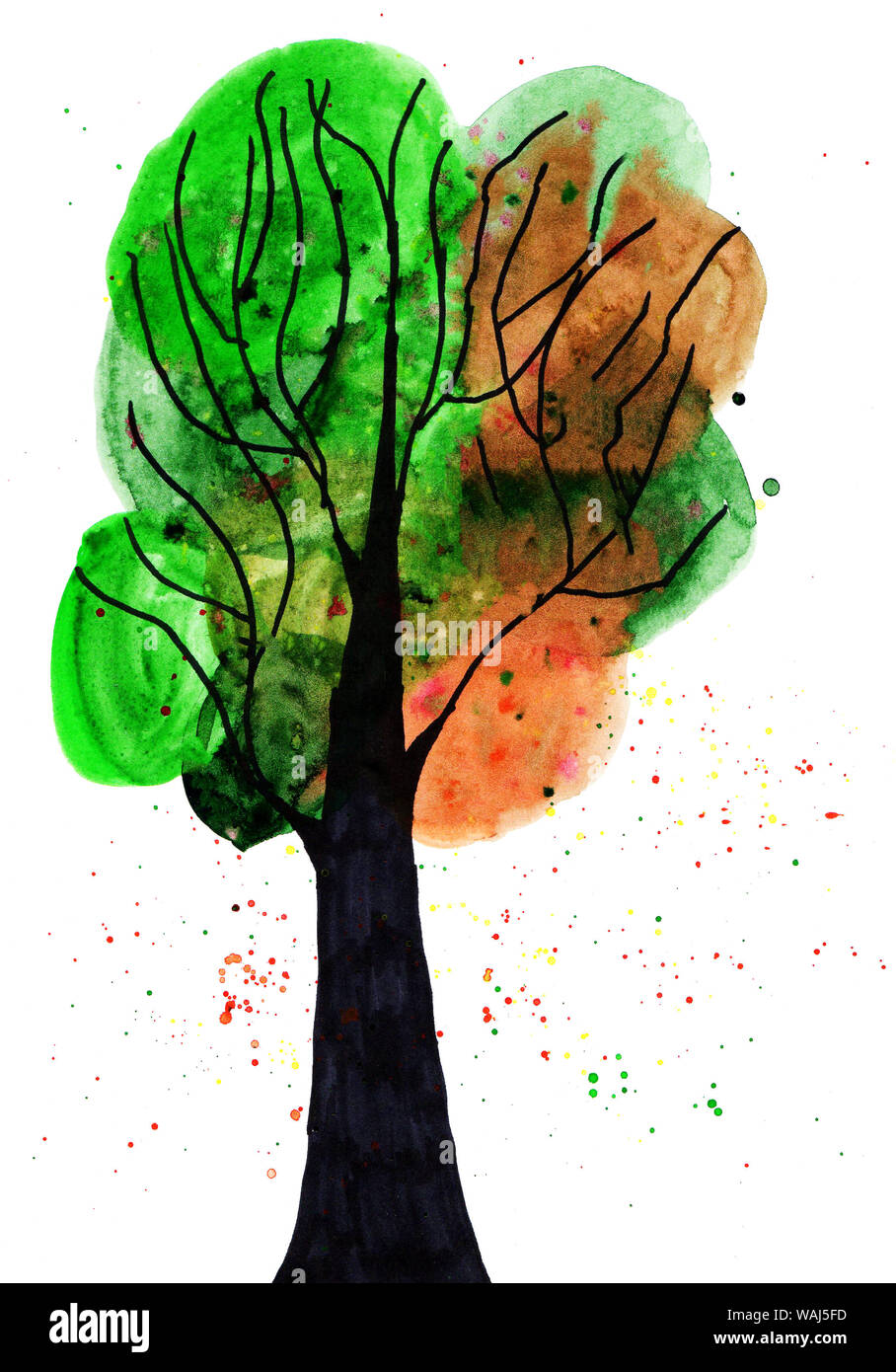tree with multi-colored foliage and black trunk multi-colored spray  watercolor marker Stock Photo - Alamy