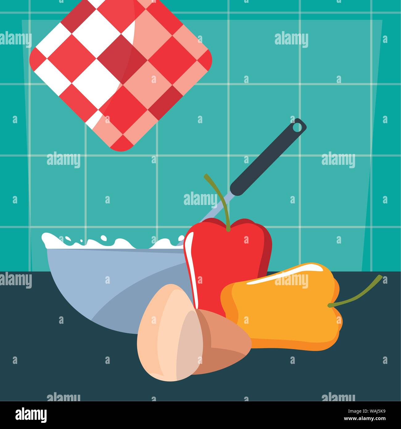 bowl eggs peppers cooking food preparation kitchen wall vector illustration Stock Vector