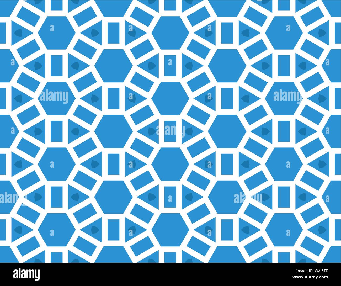 Vector seamless geometric pattern. Shaped white hexagons, triangles and rectangles on blue background. Stock Vector