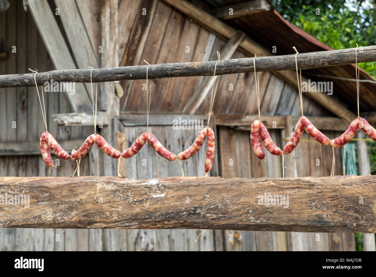 Africa, Madagascar, Toamasina marketplace. Sausages are strung up to dry above a fence. Stock Photo