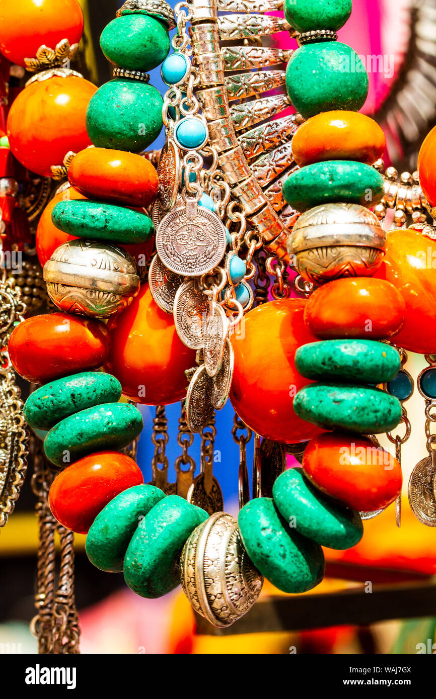 Marrakech, Morocco. Jewelry, turquoise, silver, amber Stock Photo