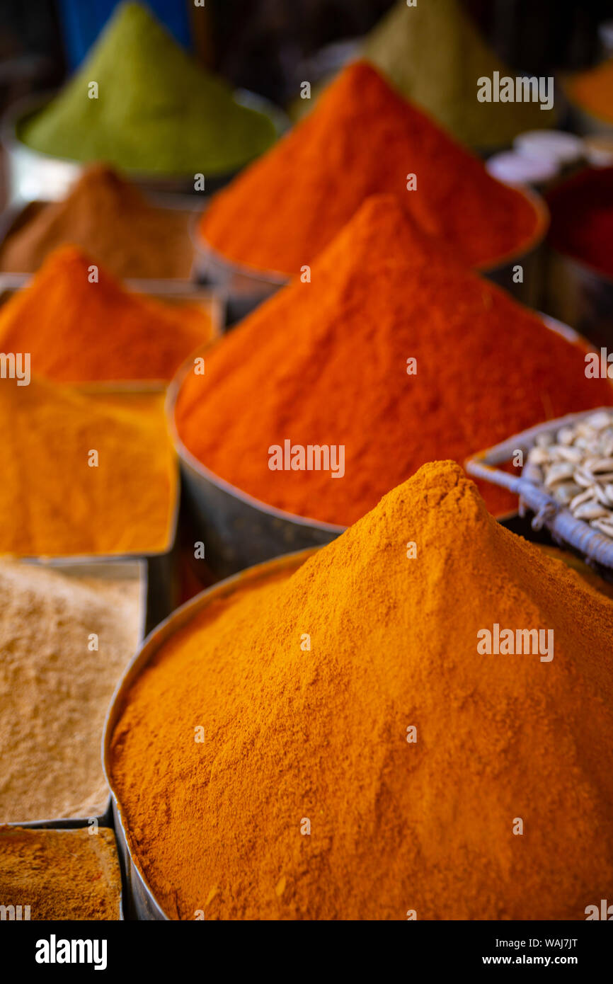 Fez, Morocco. Colorful ground spices tower shaped, farmers market Stock Photo