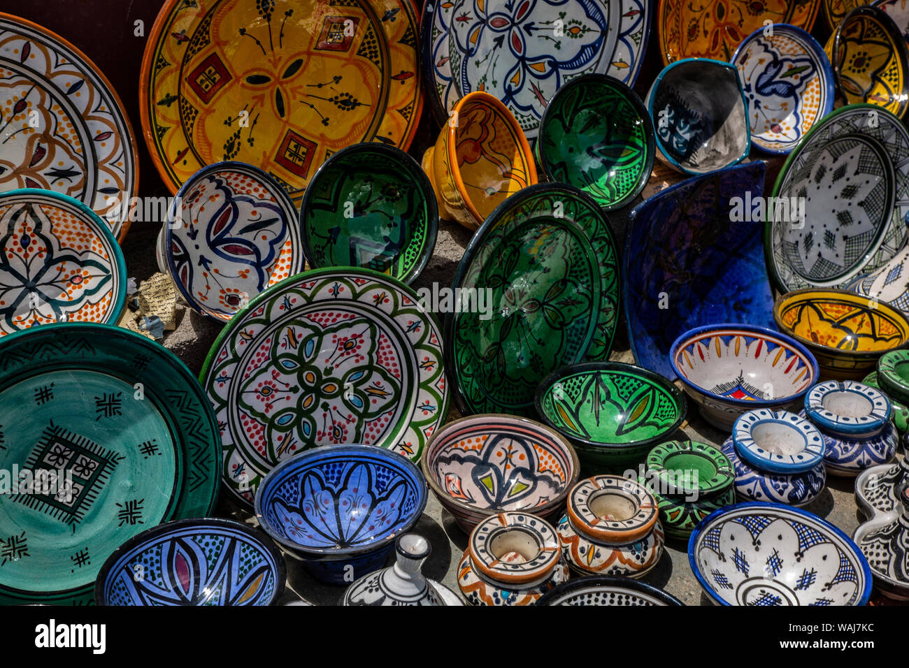 Marrakech, Morocco. Moroccan ceramics, plates, bowls, tagines Stock Photo