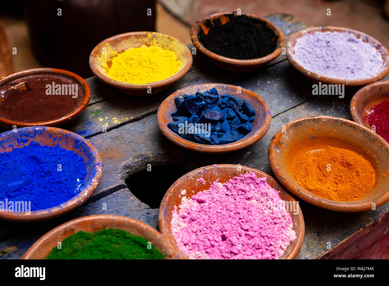 Marrakech, Morocco. Terra cotta bowls of colored pigment Stock Photo