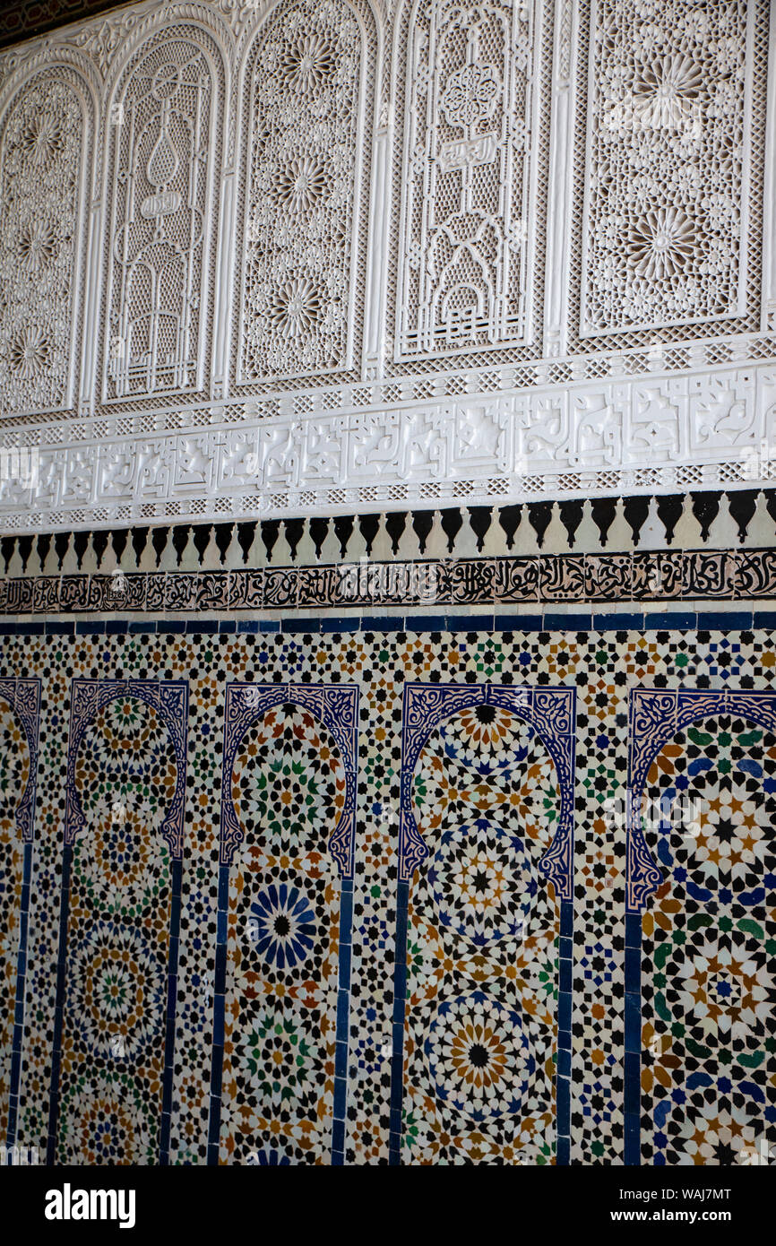 Marrakech, Morocco. Bahai Palace, Mosaic tile and Islamic design marble wall Stock Photo