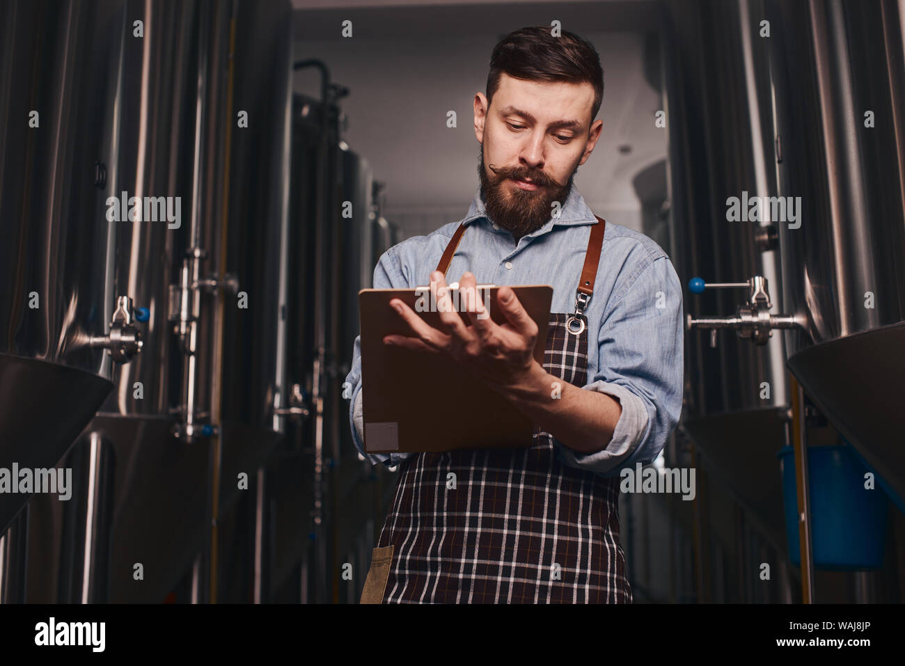 Bartender with the beard and mustache takes orders for the beer he sells at the bar. Stock Photo