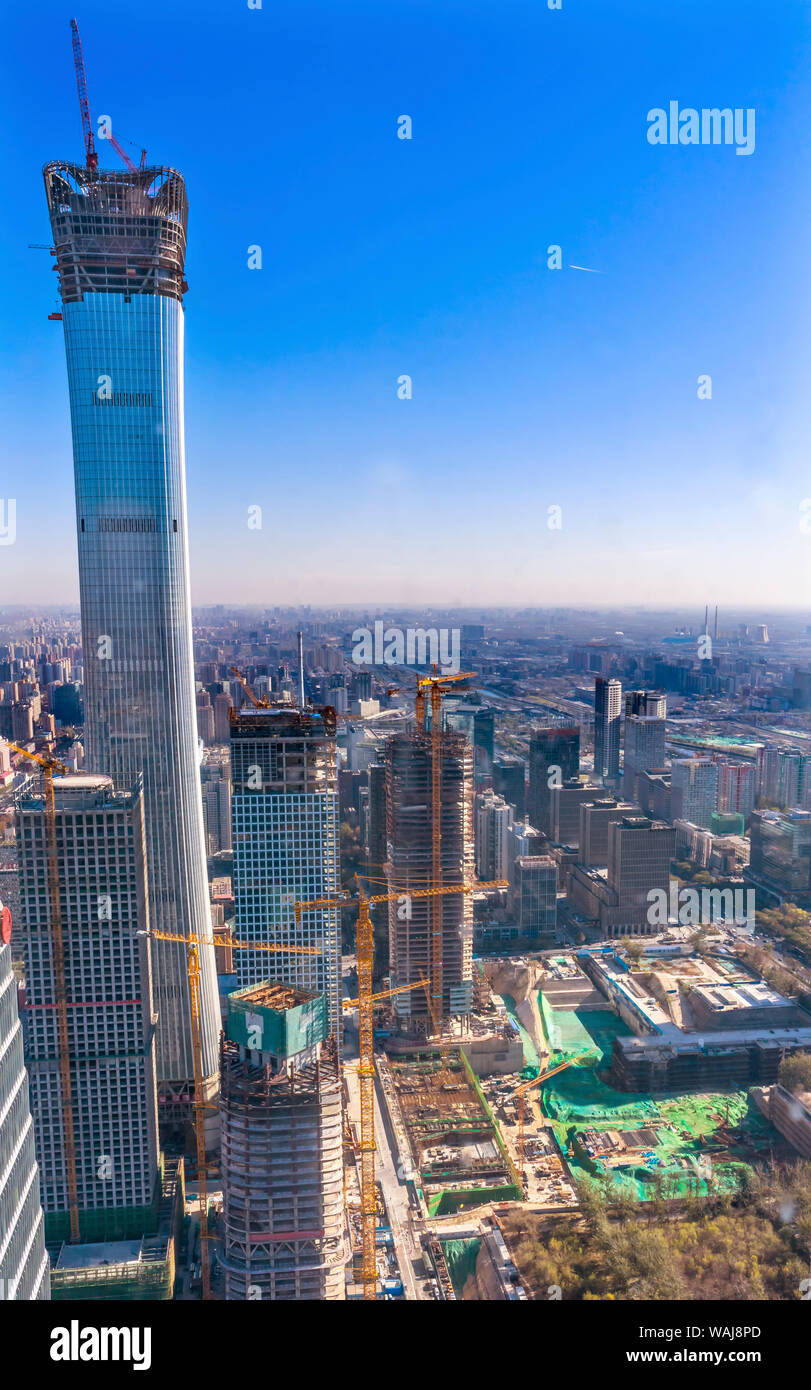Skyscrapers and cranes in Guomao Central Business District, Beijing, China. Stock Photo