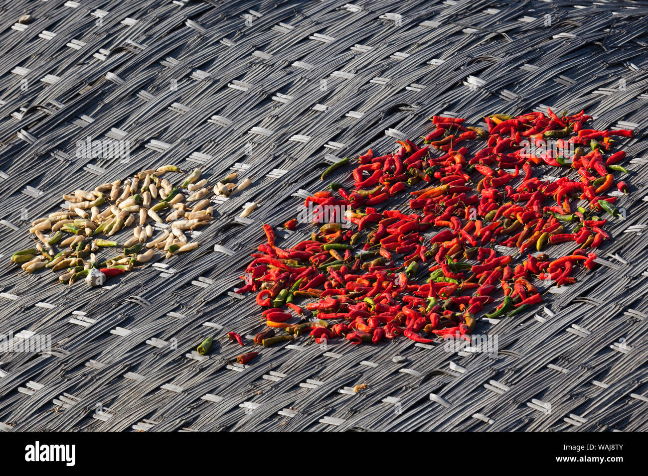 Bhutan. Trongsa region. Red and while chilies dry on a rooftop. Stock Photo
