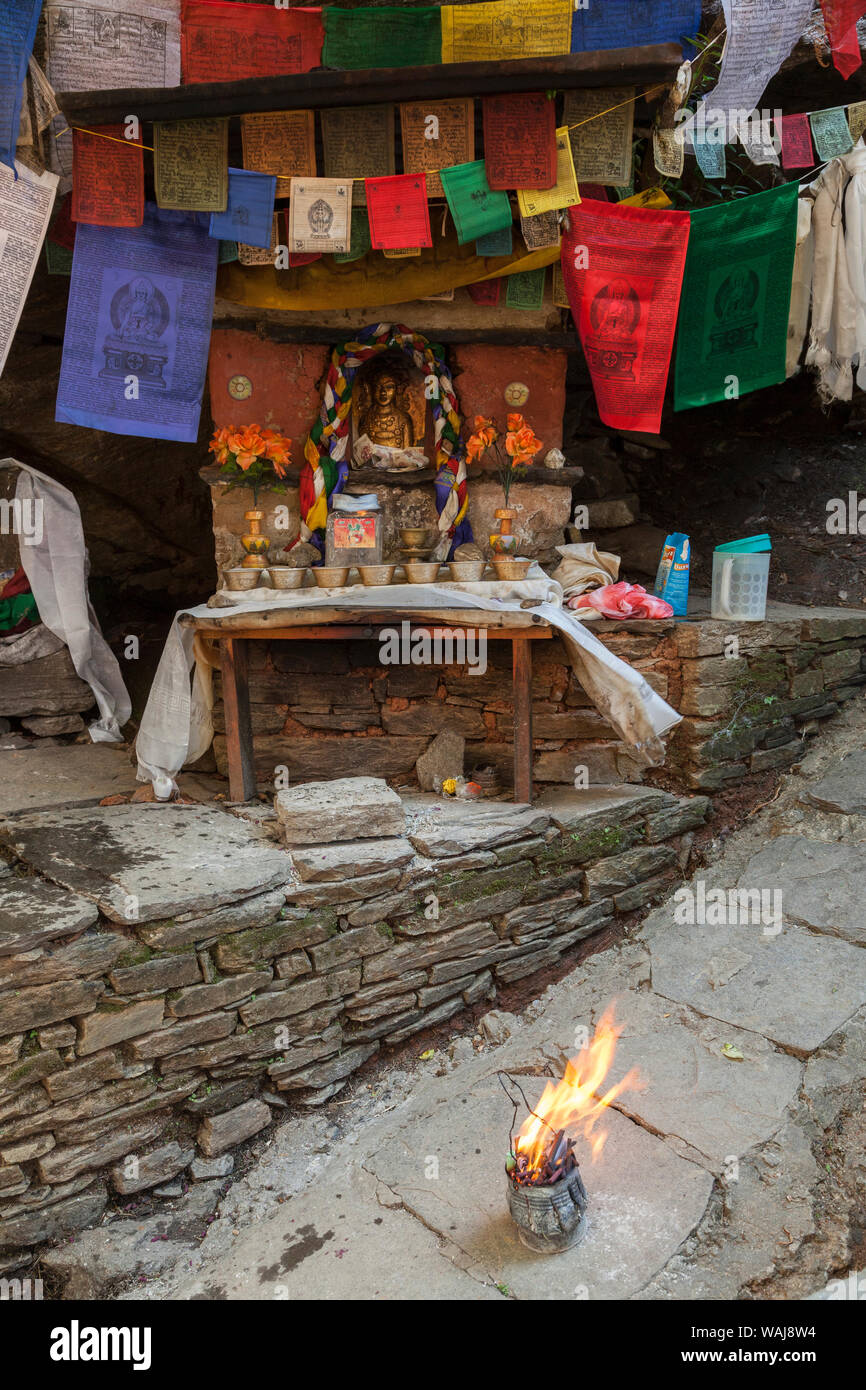 Bhutan, Paro. Altar at the entrance to Taktsang Monastery, Tiger's Nest. Stock Photo