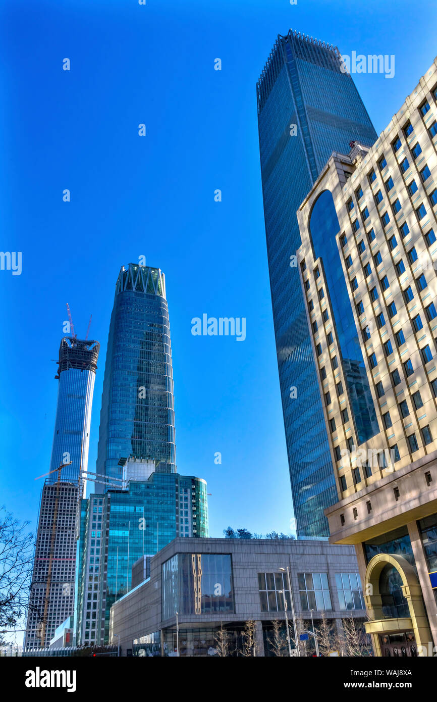 Old and new buildings, Guomao Central Business District, Beijing, China. Stock Photo
