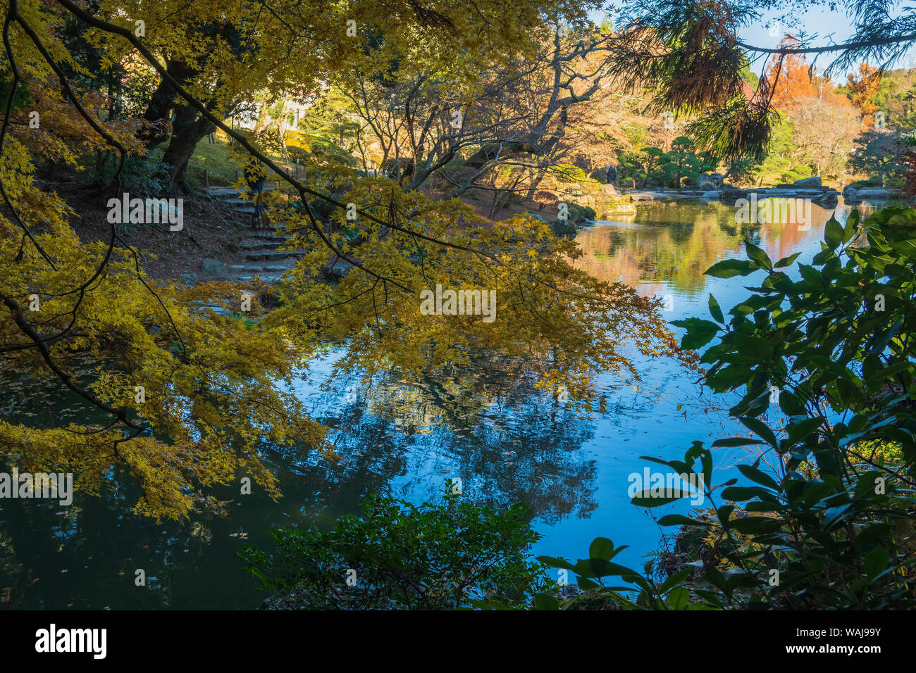 Pond with Autumn color reflections in the Narita Temple Garden Stock Photo