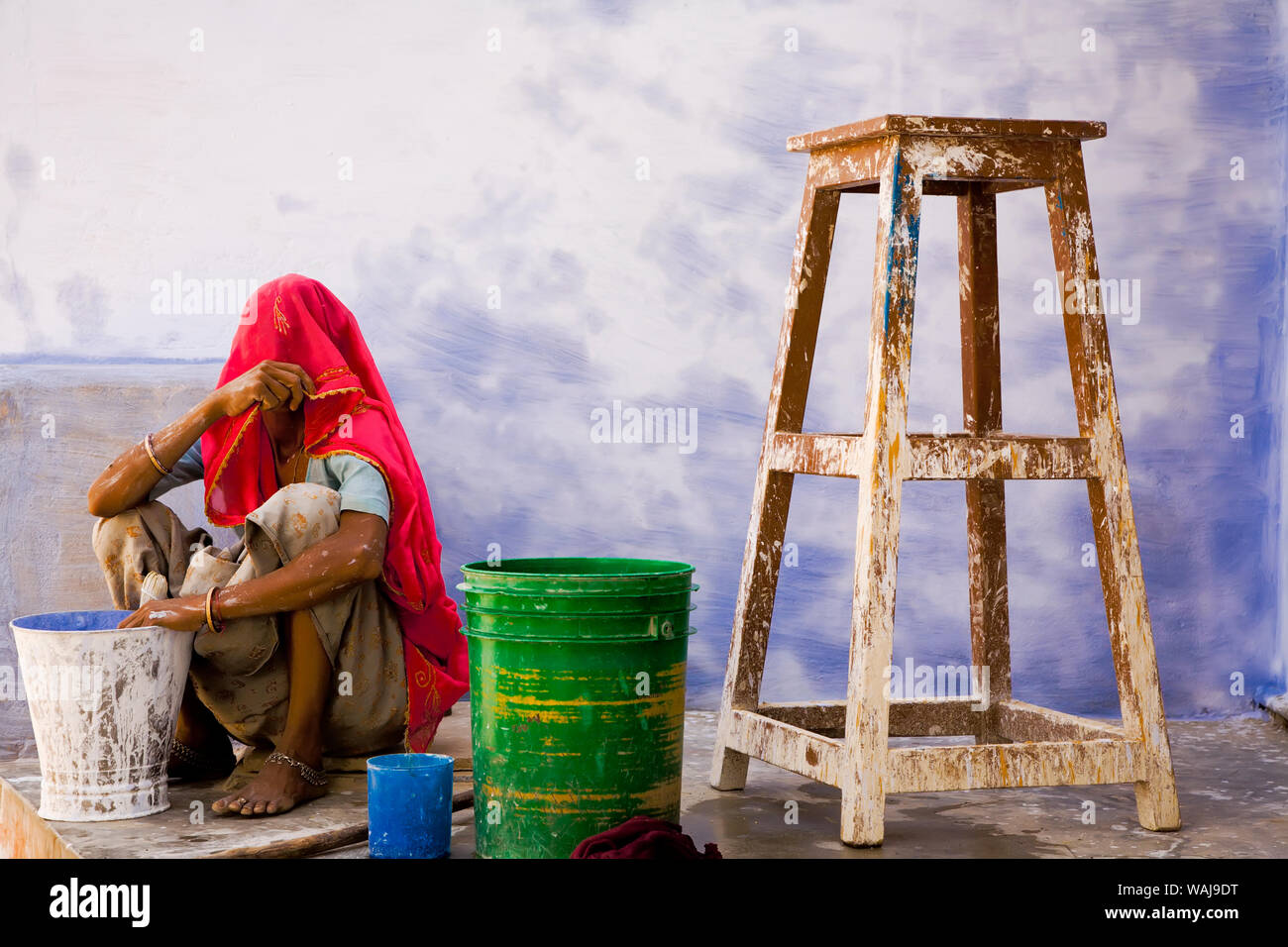 India, Rajasthan. Woman painter hiding face. Credit as: Jim Nilsen / Jaynes Gallery / DanitaDelimont.com Stock Photo