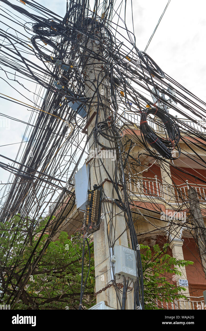 Phnom Penh, Cambodia. Messy electrical wiring typical of third world