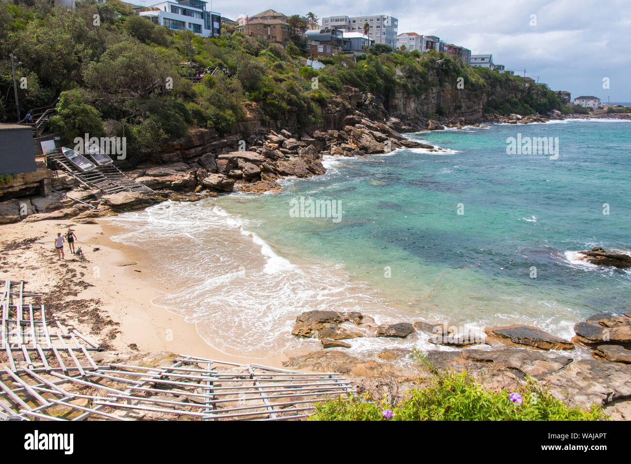 Australia, New South Wales, Sydney. Eastern Beaches, Bondi to Coogee coastal walk. Gordon's Bay with unique boat storage and launch skids for 'tinnies' (aluminum dinghies) of local fishing club Stock Photo