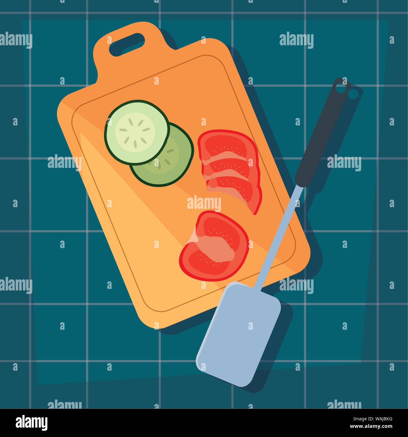 tomato cucumber spatula cutting board preparation cooking vector illustration Stock Vector